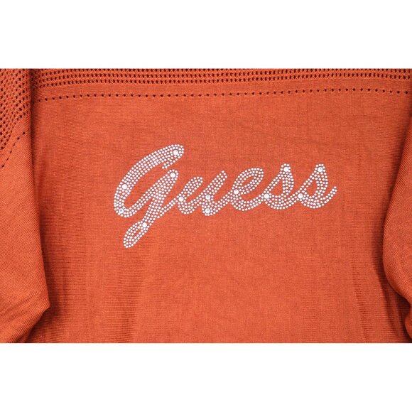 Y2K Guess Los Angeles Womens Orange XS Knit Sweater Rhinestone Mesh Tomato Girl - Picture 3 of 9
